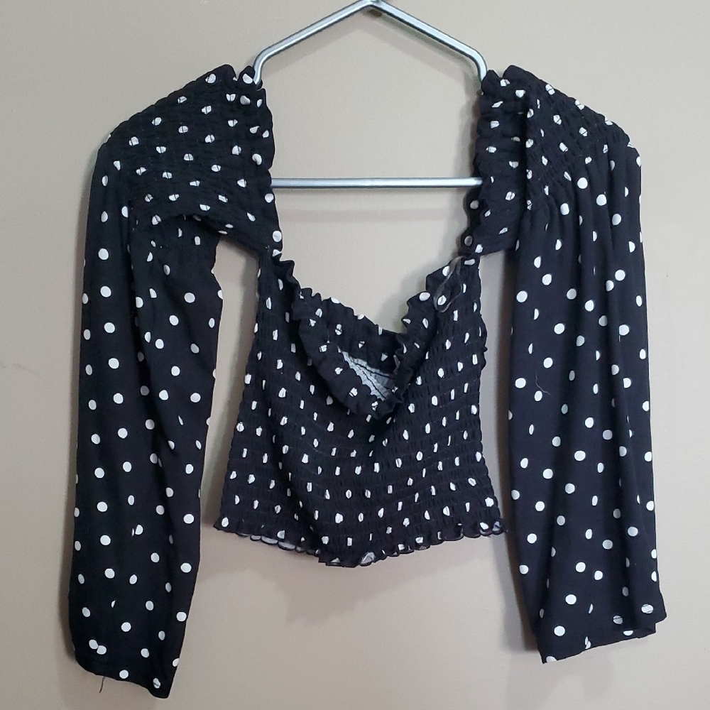 Revamped Polka Dot Smocked Black Top Size Small